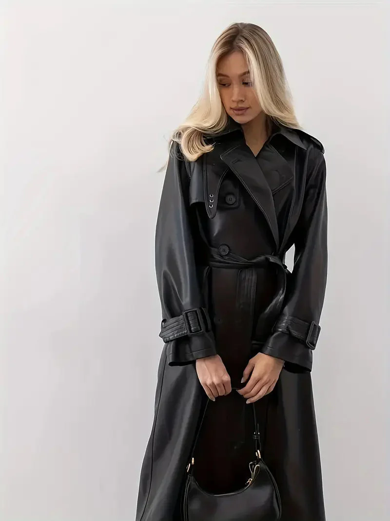 Trench-coat long pour femme - Style élégant à double boutonnage avec ceinture à la taille - Idéal pour l'automne et l'hiver - Image 2
