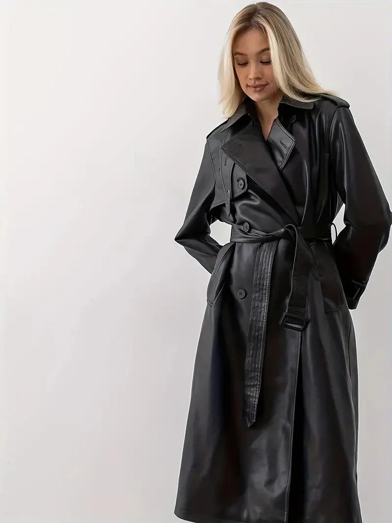 Trench-coat long pour femme - Style élégant à double boutonnage avec ceinture à la taille - Idéal pour l'automne et l'hiver - Image 3