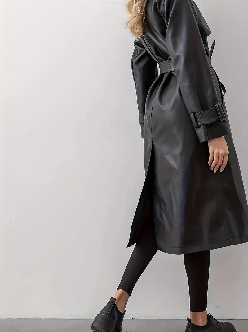 Trench-coat long pour femme - Style élégant à double boutonnage avec ceinture à la taille - Idéal pour l'automne et l'hiver - Image 4