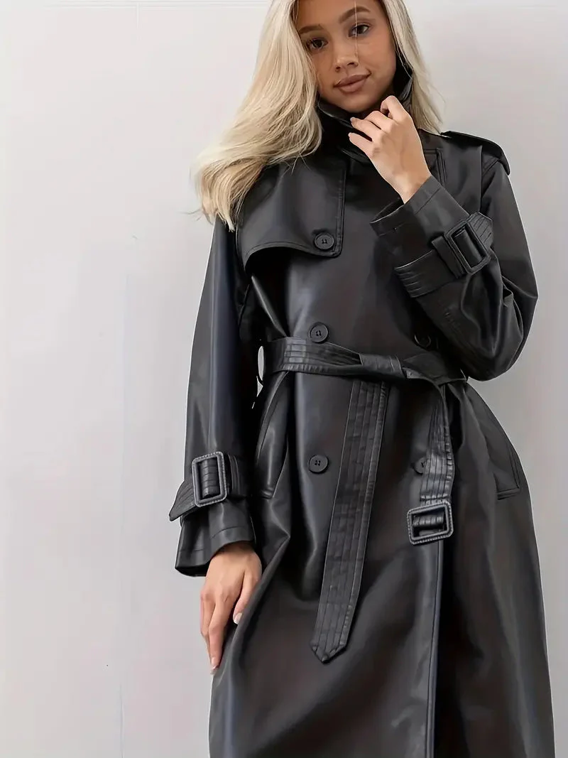 Trench-coat long pour femme - Style élégant à double boutonnage avec ceinture à la taille - Idéal pour l'automne et l'hiver - Image 5