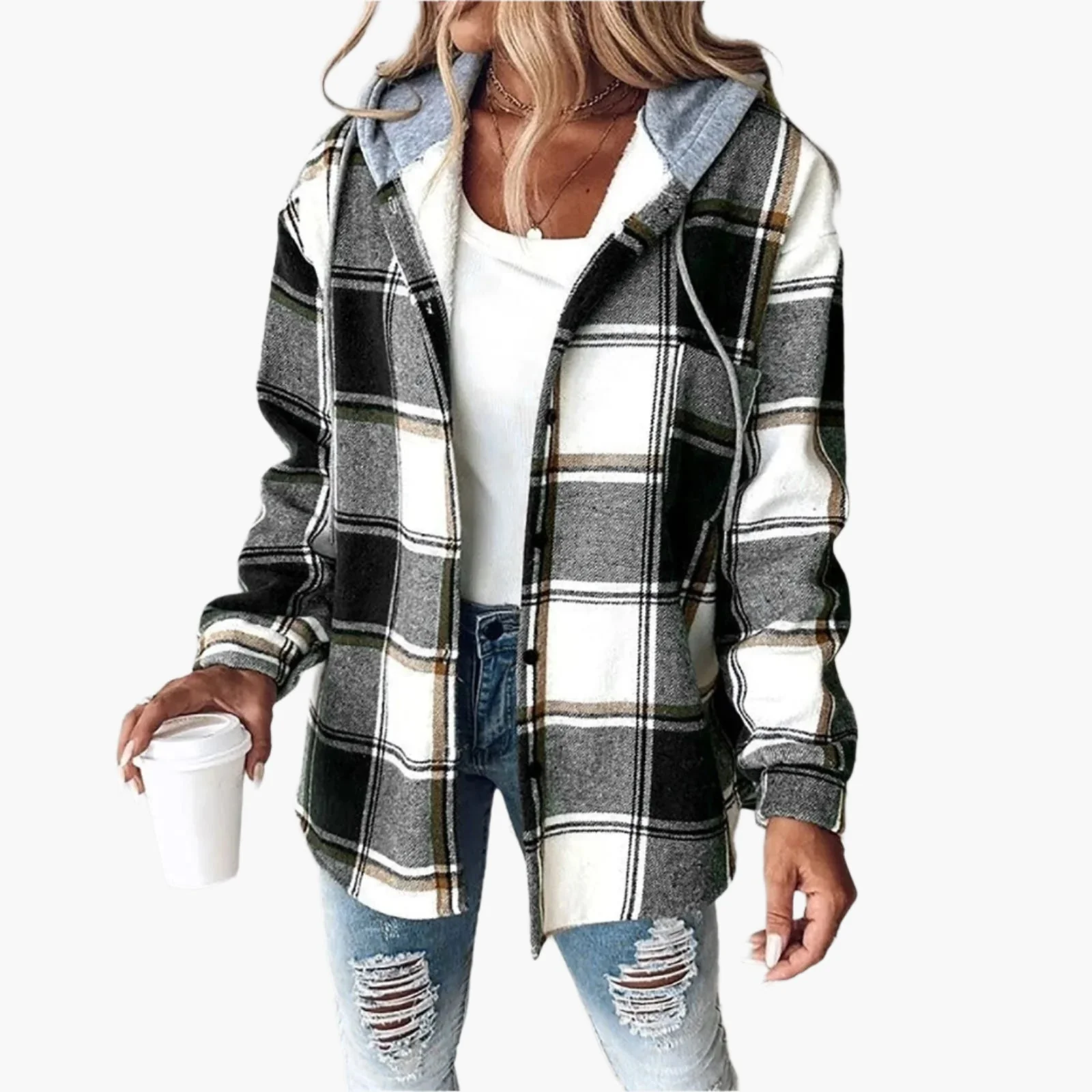 Veste à Capuche Décontractée pour Femme Style Chemise à Carreaux Automne Hiver - Image 3