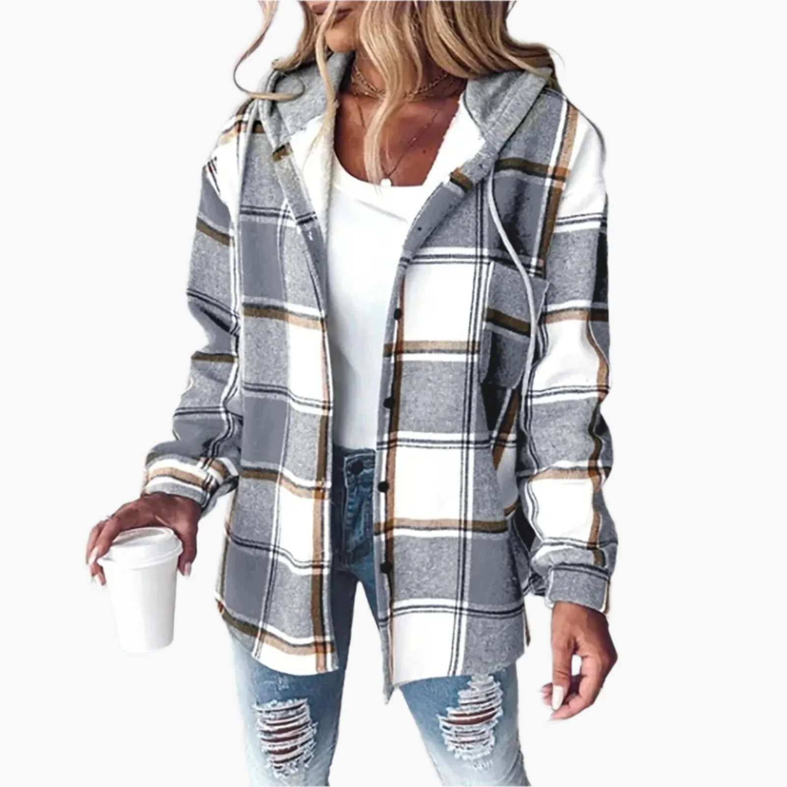 Veste à Capuche Décontractée pour Femme Style Chemise à Carreaux Automne Hiver - Image 4