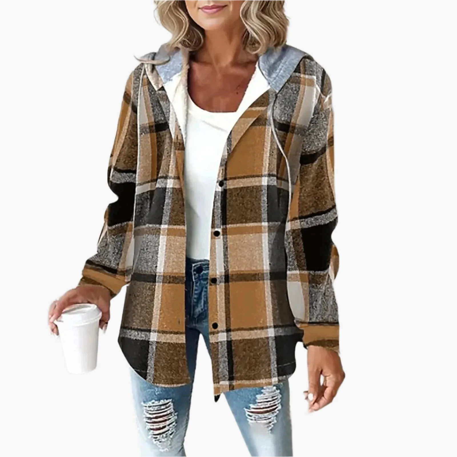 Veste à Capuche Décontractée pour Femme Style Chemise à Carreaux Automne Hiver - Image 5