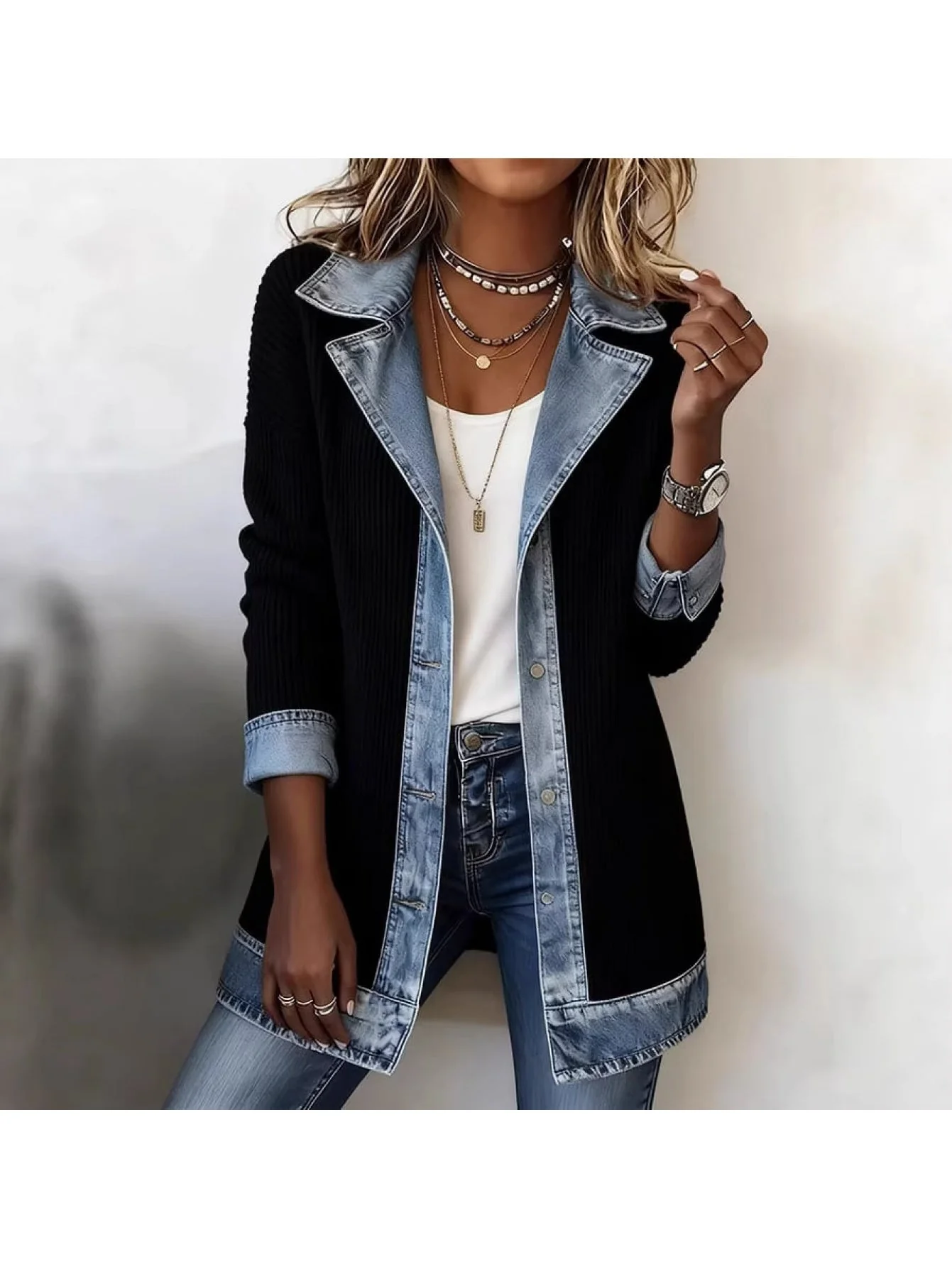 Veste blazer élégante pour femme style urbain chic à revers contrastés - Image 10