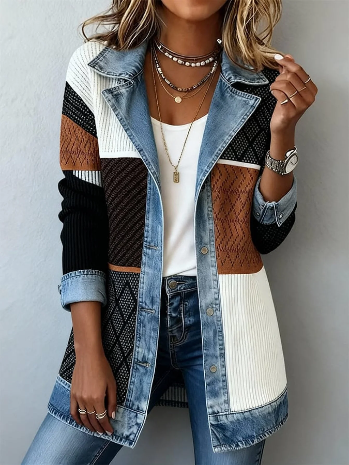 Veste blazer élégante pour femme style urbain chic à revers contrastés - Image 3