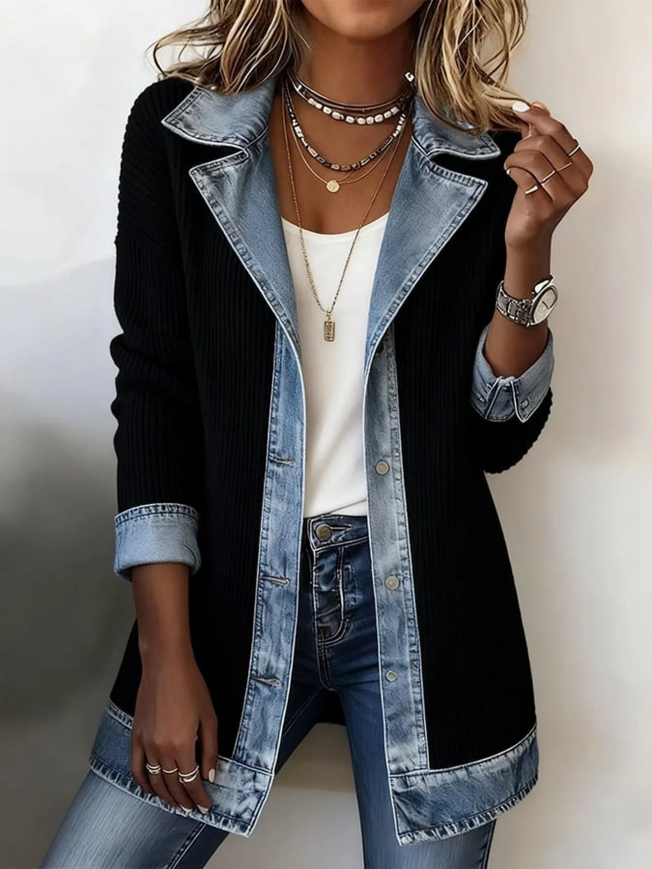 Veste blazer élégante pour femme style urbain chic à revers contrastés - Image 5