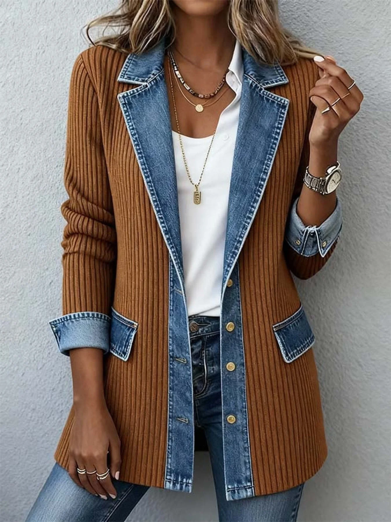 Veste blazer élégante pour femme style urbain chic à revers contrastés - Image 7