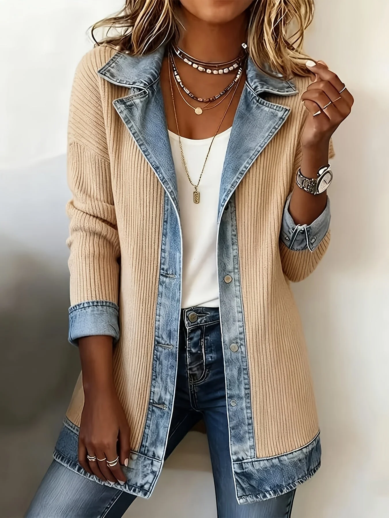 Veste blazer élégante pour femme style urbain chic à revers contrastés - Image 8