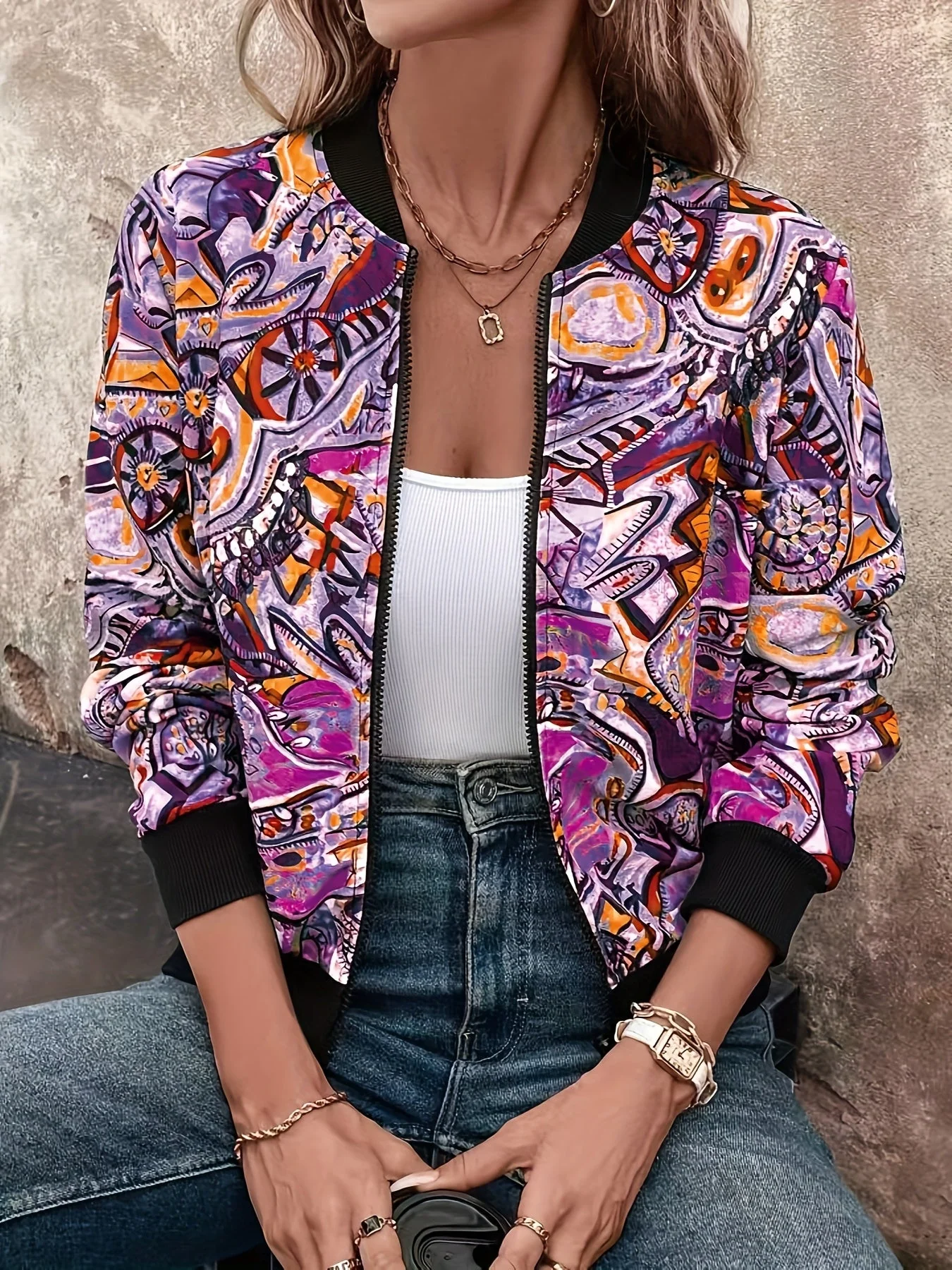 Veste Bomber Décontractée Femme Motif Graphique Style Vacances - Image 3
