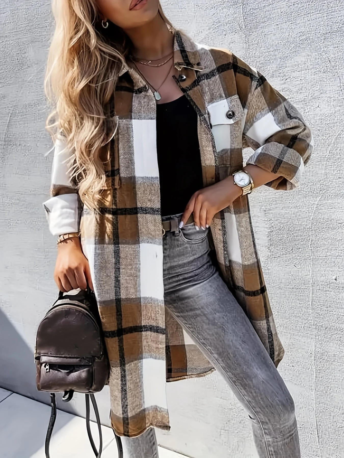 Veste Chemise À Carreaux Style Décontracté Pour Femme - Idéale Pour Mi-Saison - Image 4