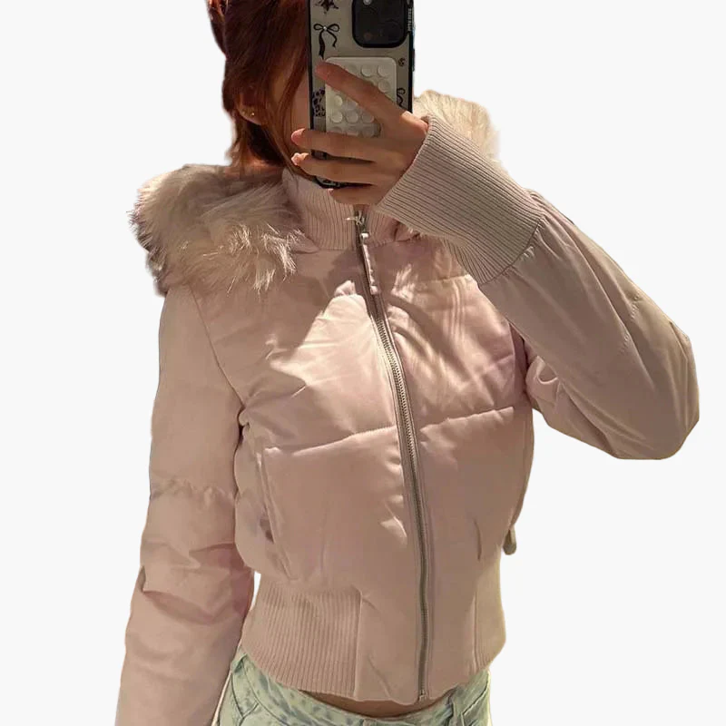 Veste doudoune femme style urbain à capuche, coupe cintrée et col en fausse fourrure pour l'automne et l'hiver - Image 4