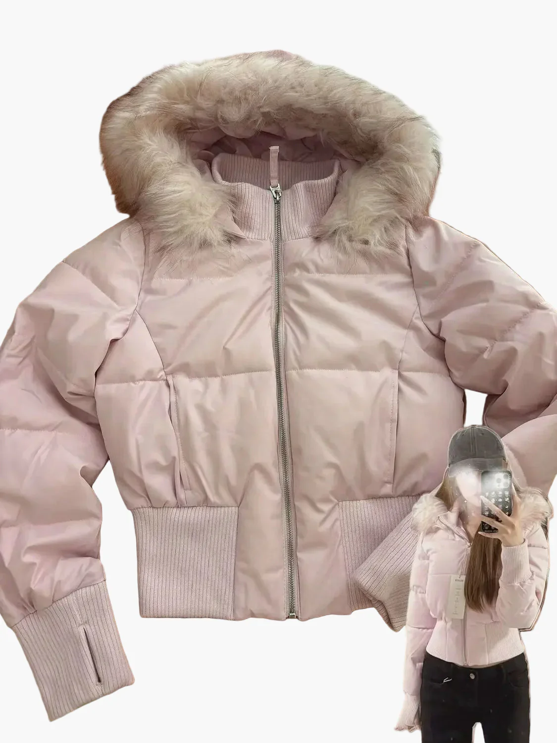 Veste doudoune femme style urbain à capuche, coupe cintrée et col en fausse fourrure pour l'automne et l'hiver - Image 6
