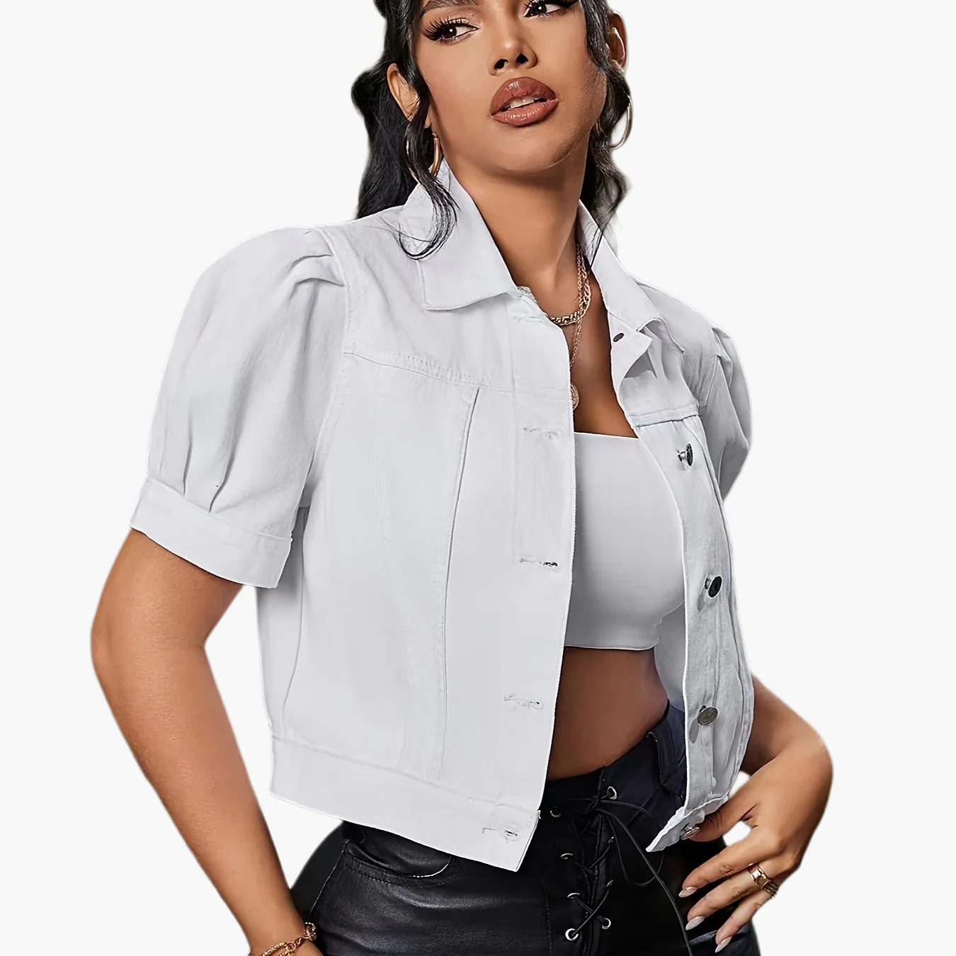 Veste en jean courte à manches bouffantes pour femme, style élégant et tendance pour le quotidien - Image 10