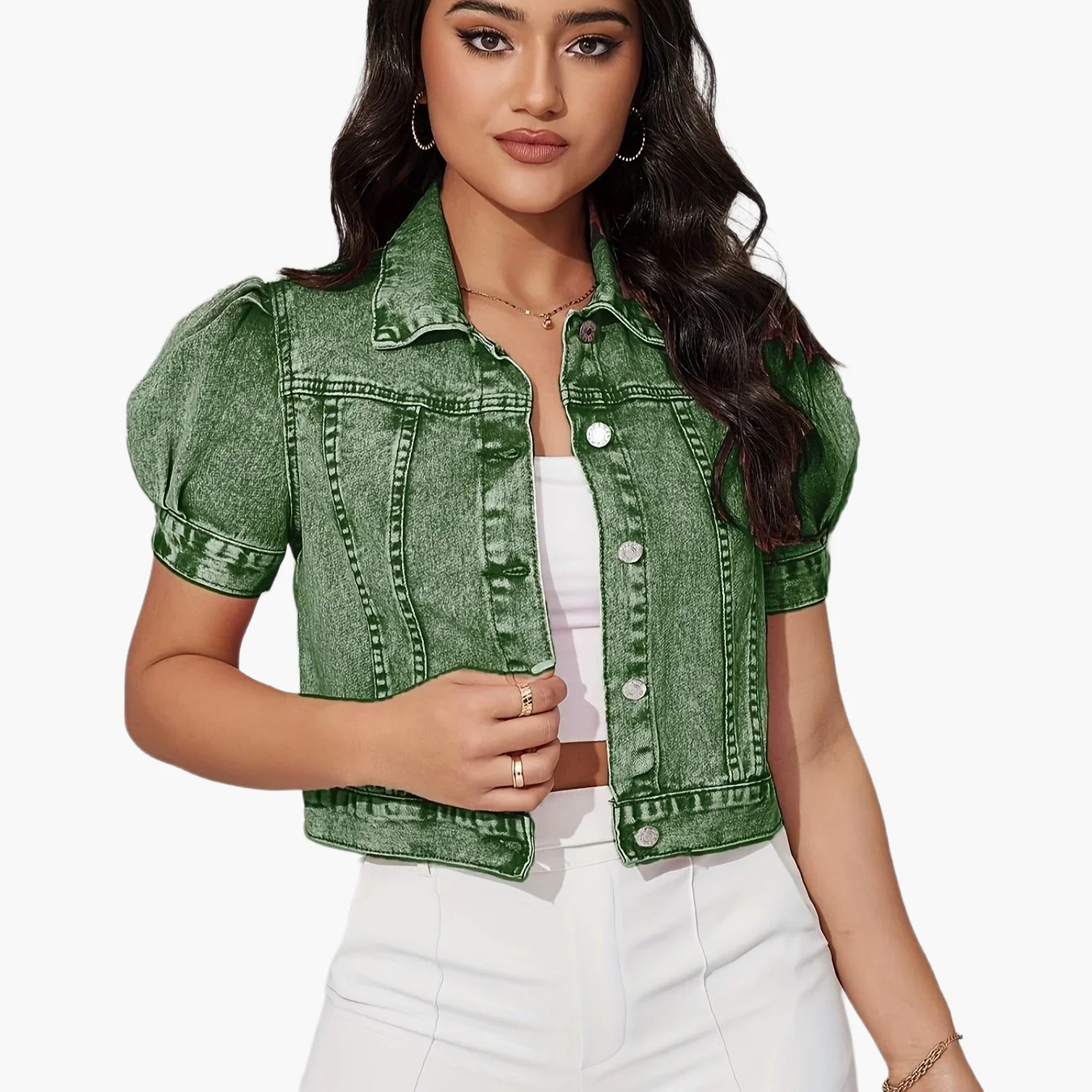 Veste en jean courte à manches bouffantes pour femme, style élégant et tendance pour le quotidien - Image 11