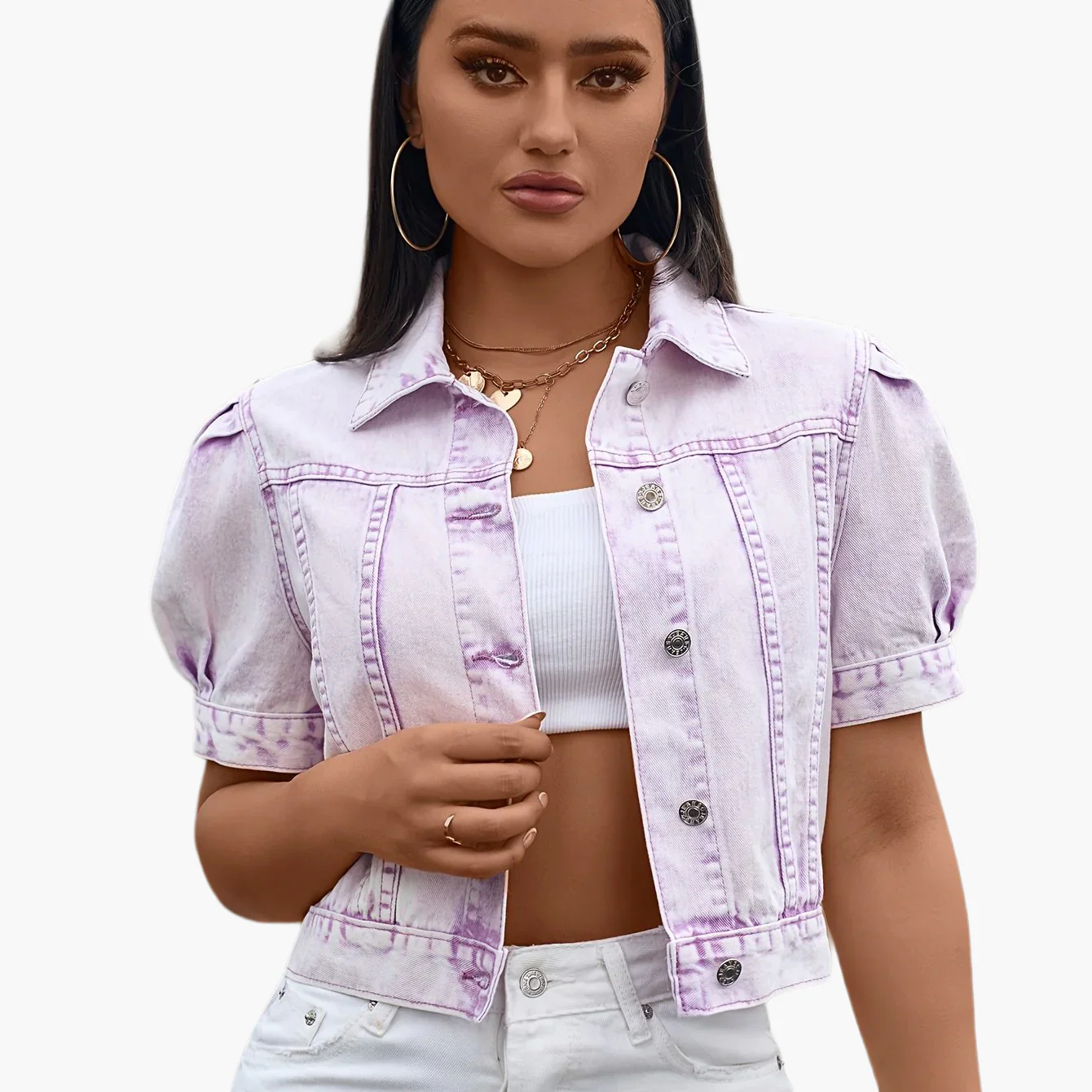 Veste en jean courte à manches bouffantes pour femme, style élégant et tendance pour le quotidien - Image 12