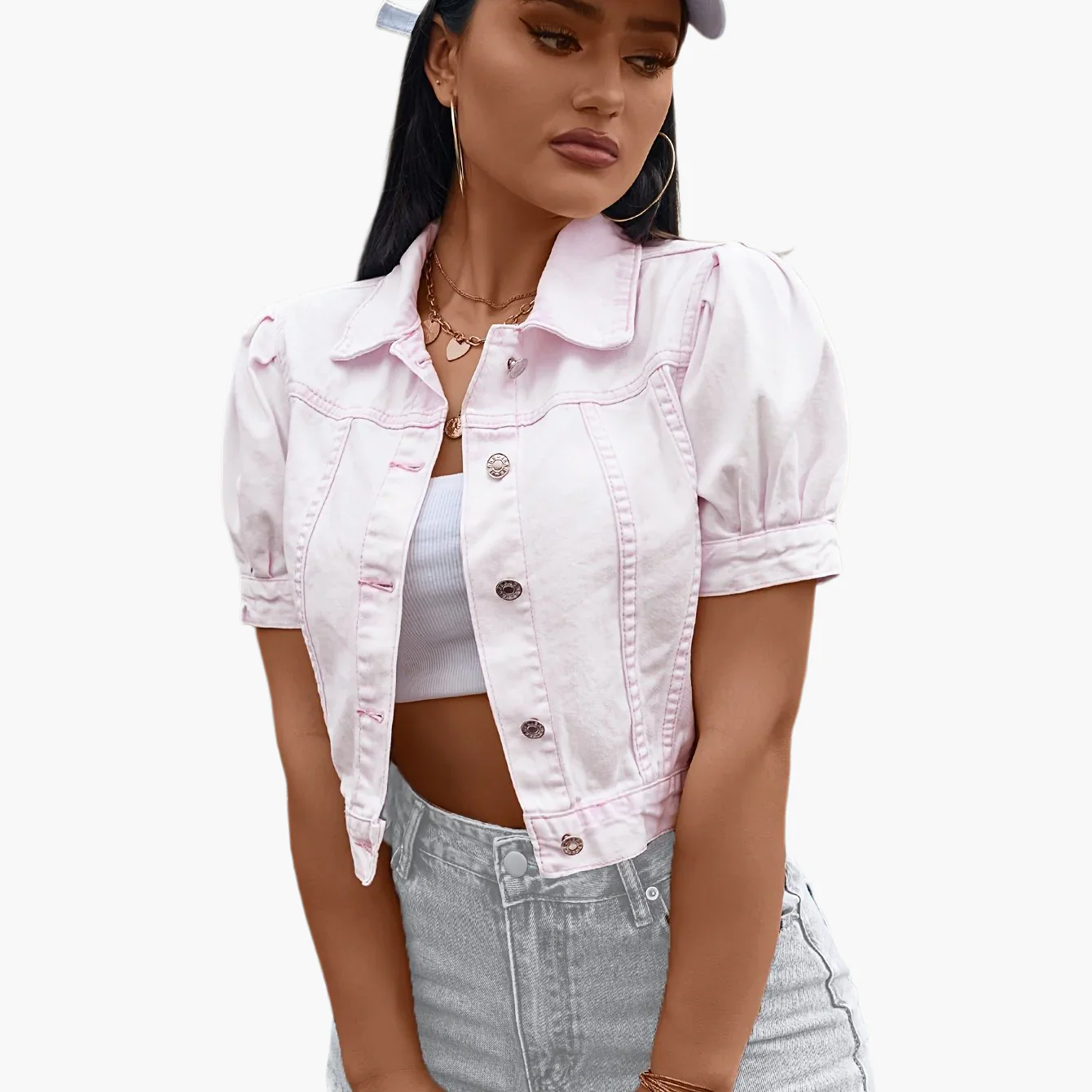 Veste en jean courte à manches bouffantes pour femme, style élégant et tendance pour le quotidien - Image 13