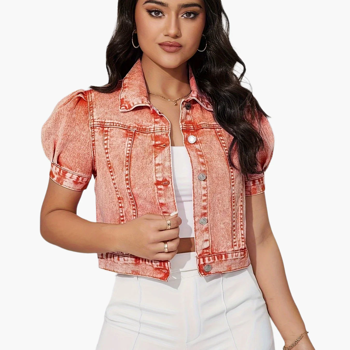 Veste en jean courte à manches bouffantes pour femme, style élégant et tendance pour le quotidien - Image 14