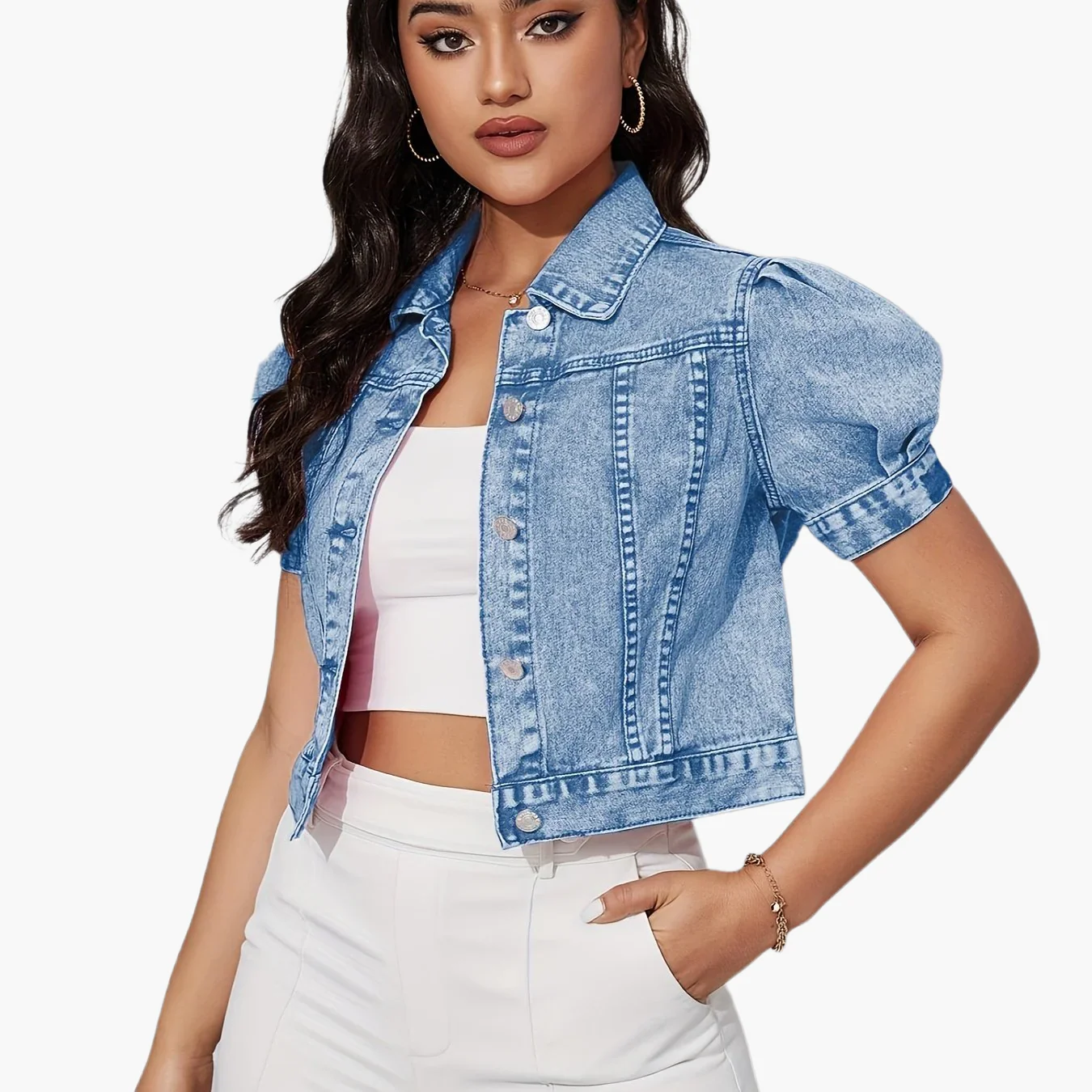 Veste en jean courte à manches bouffantes pour femme, style élégant et tendance pour le quotidien - Image 8