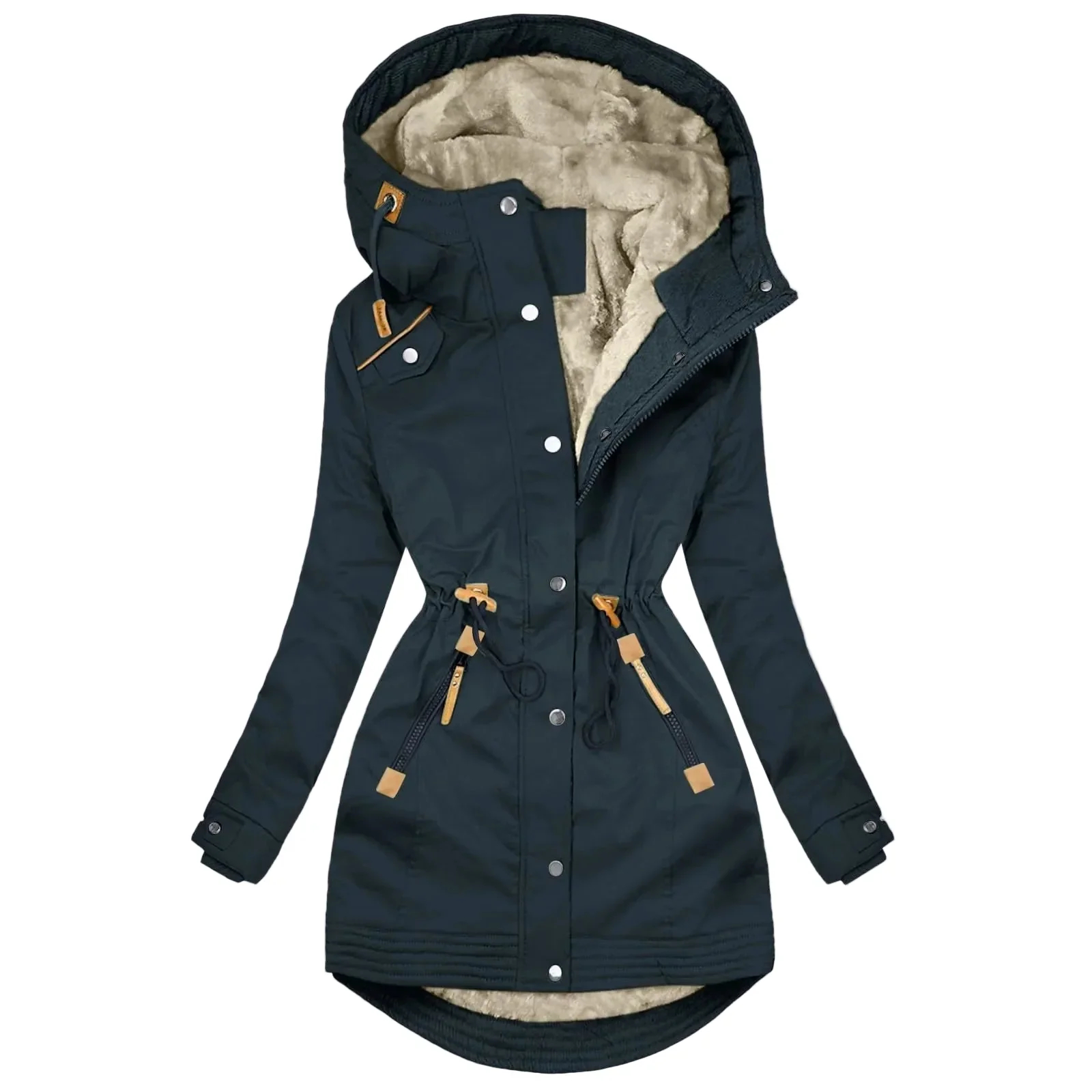 Veste imperméable femme à capuche style trench, doublure chaude, coupe longue tendance, manteau coupe-vent urbain - Image 3