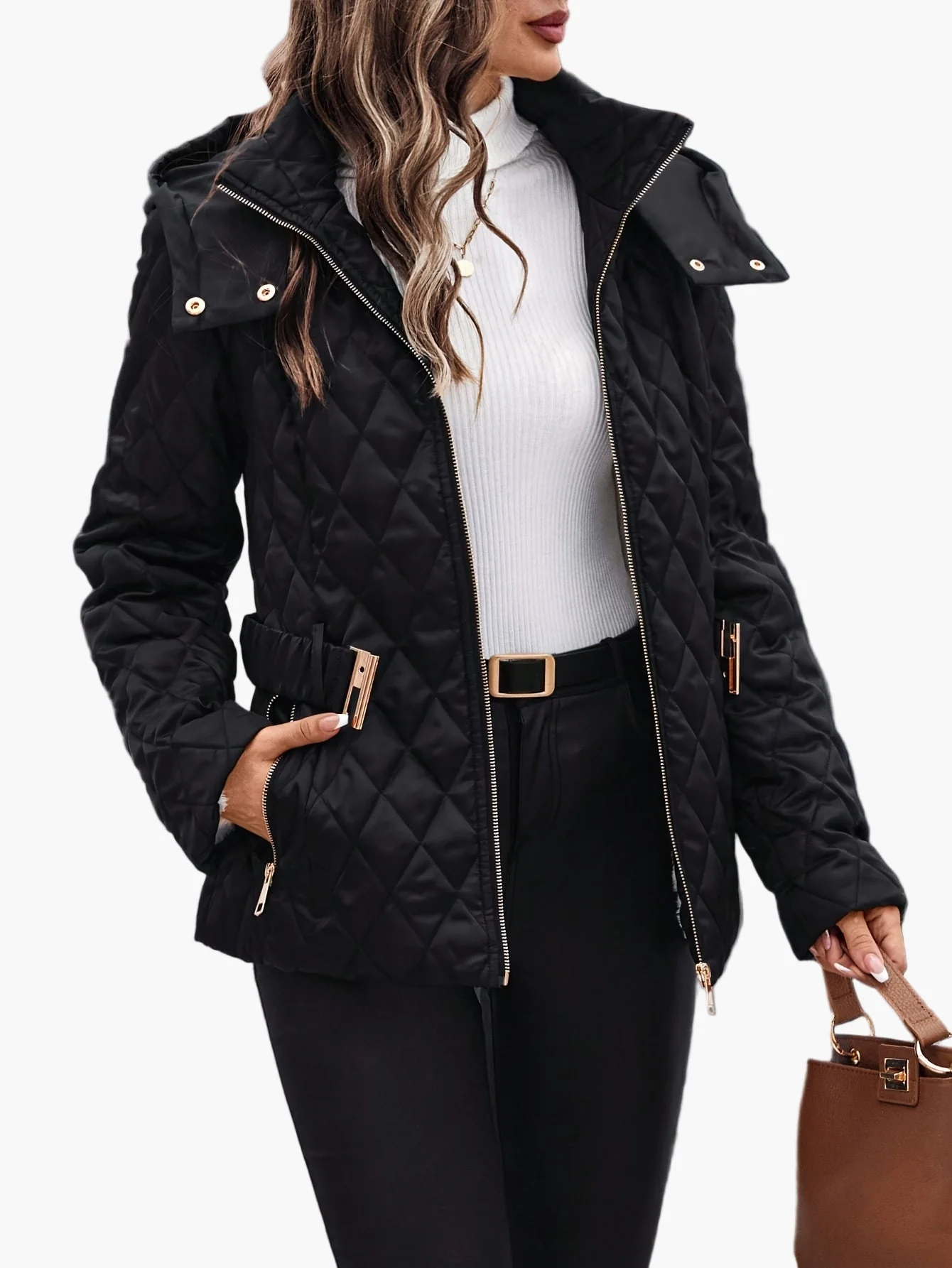 Veste matelassée élégante à capuche pour femme avec ceinture – Style urbain chic - Image 3