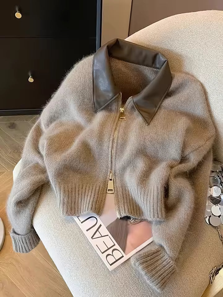 Veste zippée courte à col contrastant pour femme – Style décontracté chic - Image 2