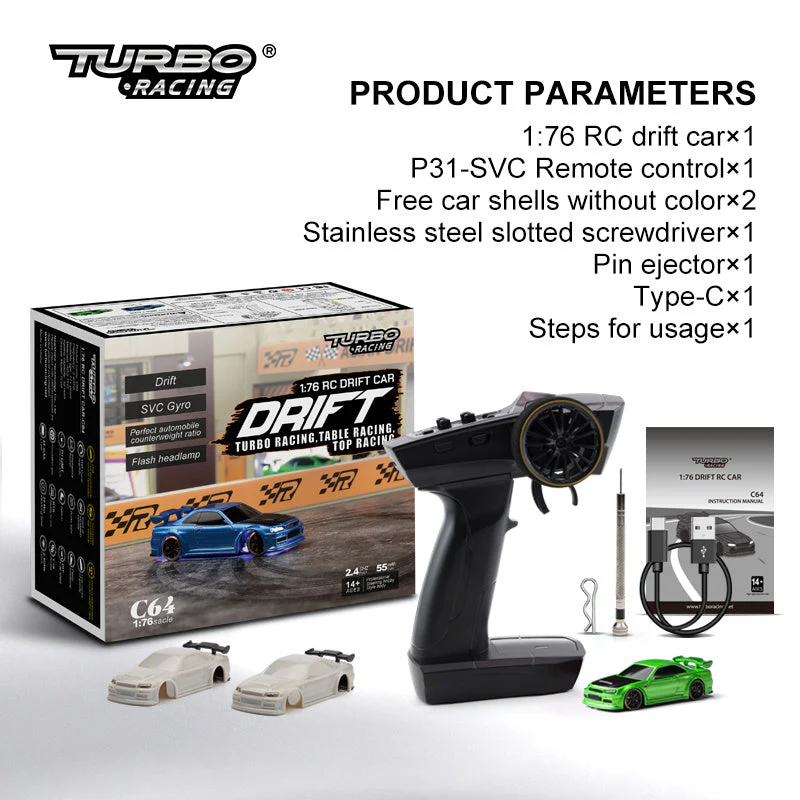Voiture RC Drift 1:76 pour adultes et adolescents – Modèle C64, style turbo, idéale pour course sur table et drift - Image 9